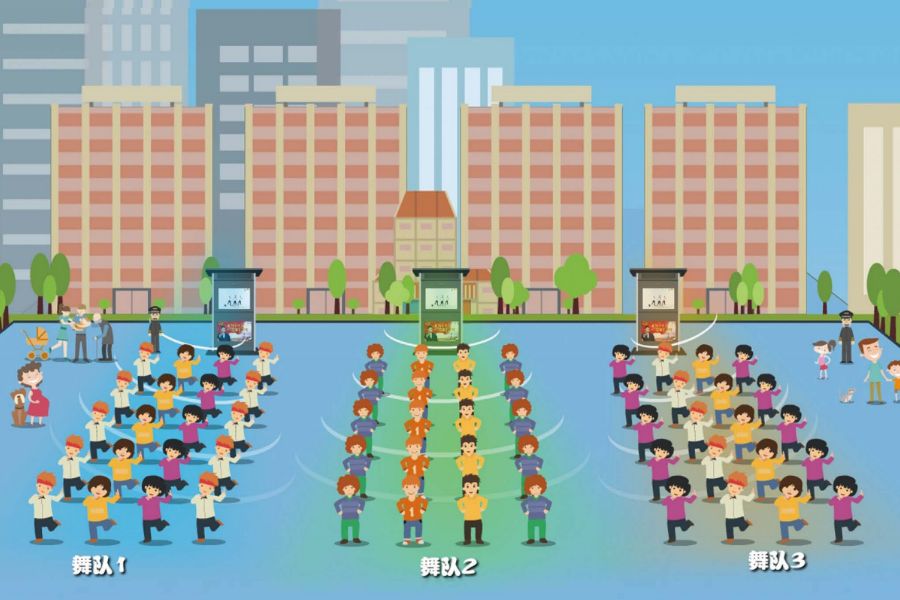 智能廣場舞定向音柱的廣場舞分區(qū)效果